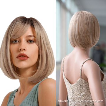Ombre Ash Blonde Color Machine Made Short Bob Wigs With Bangs For Black Women Daily Use Heat Resistant Synthetic Wig